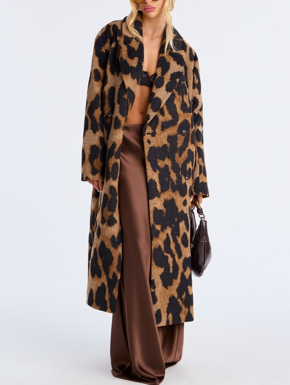 Women's double-breasted midi-length coat with a bright animalistic print imitati